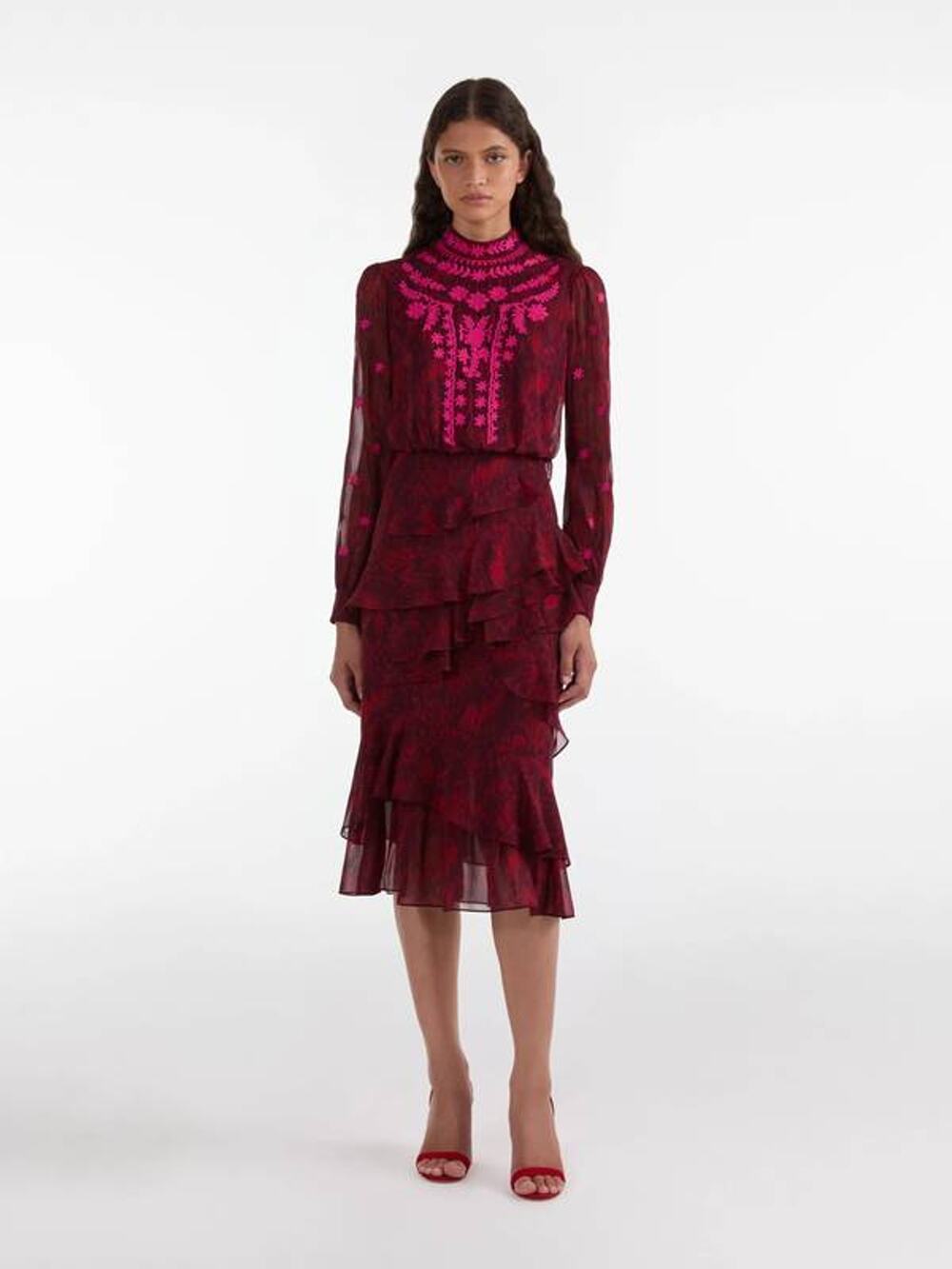Saloni Isa Ruffle Silk Midi Dress in Astilbe Burgundy Embroidery 10